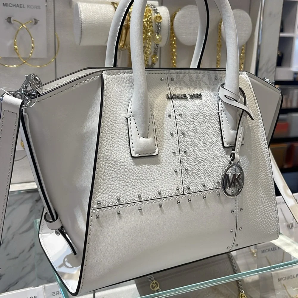 Michael Kors Avril Small Studded Patchwork and Signature Logo Satchel Crossbody - Picture 5 of 16